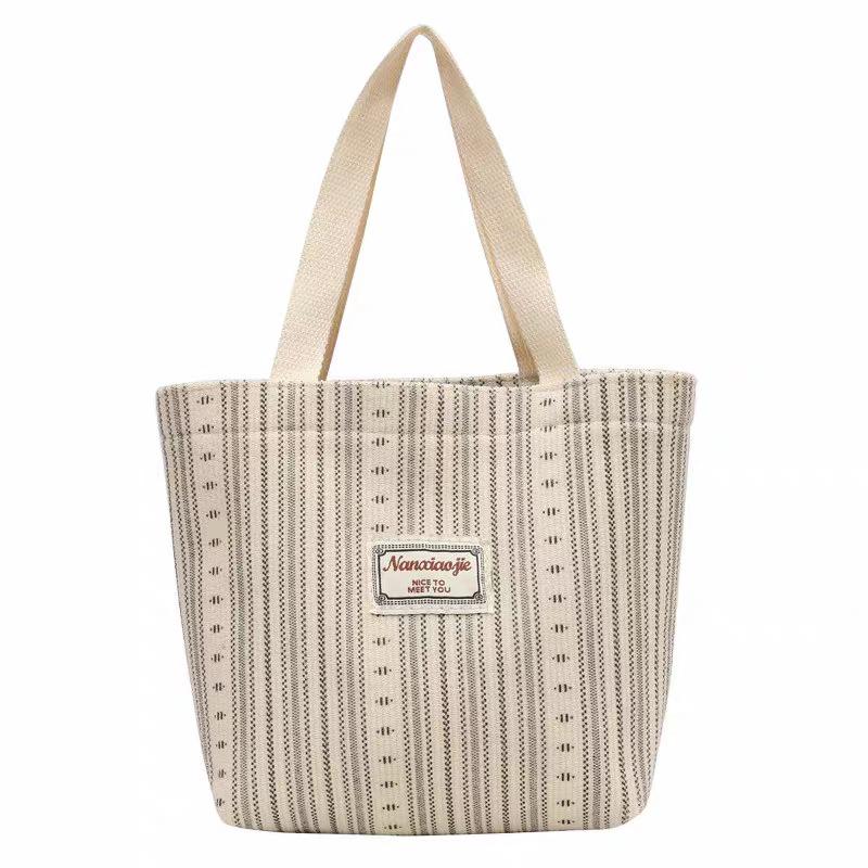 Ins Japanese Style Bag Women's 2025 Canvas Bag Fashion Striped Hand Carry Shoulder Bag Women's Tote School Bag