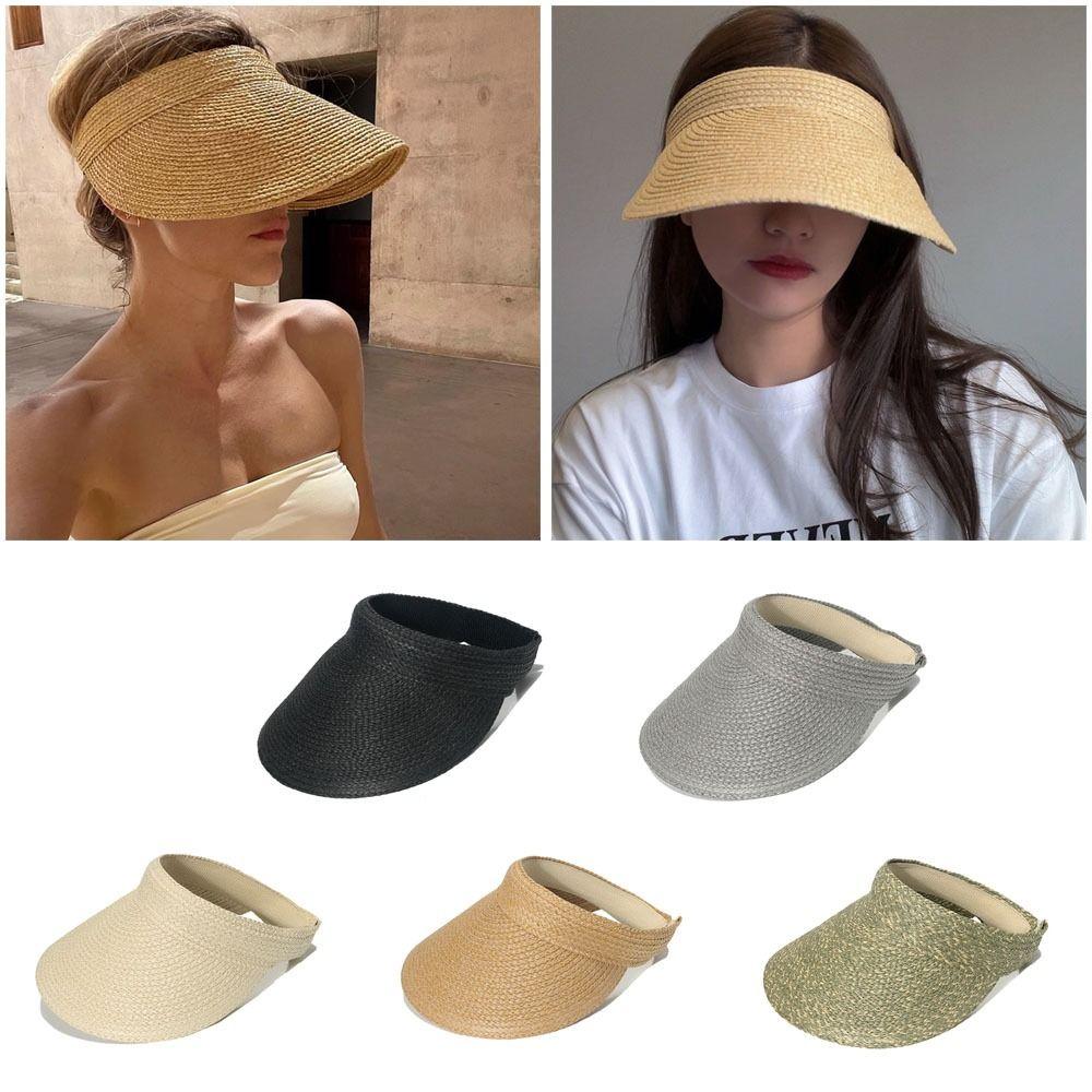 Fashion Anti-Uv Summer Visors Hat Empty Top Breathable Sun Hat Raffia Weaving Sunshade Cap Woman