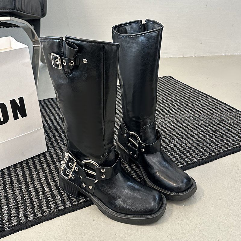 

Интернет-знаменитость ретро западные ковбойские сапоги женские 2025 новые сапоги-рыцари до колена толстый каблук пряжка ремня ботинки Мартин 40