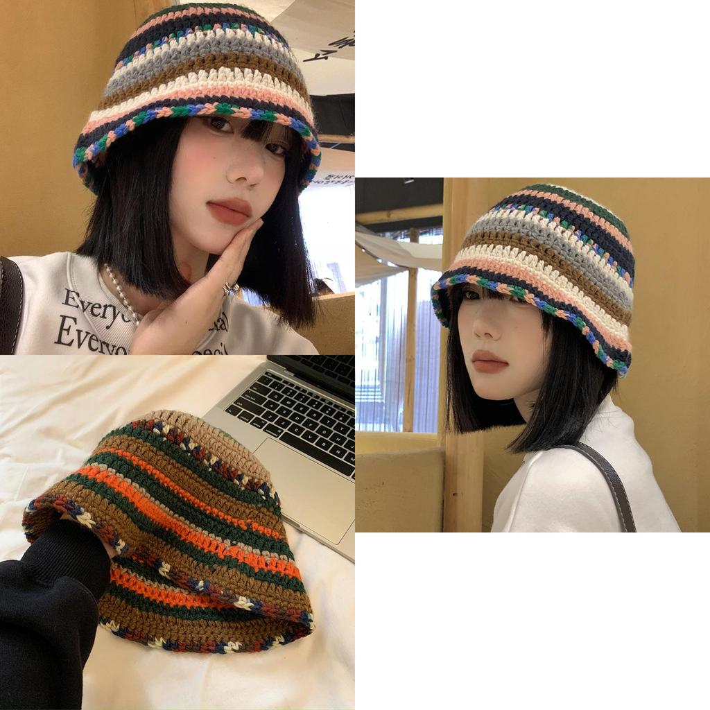 Handmade Knit Color Block Fisherman Hat Women Winter Warm Wool Cap Ins Style