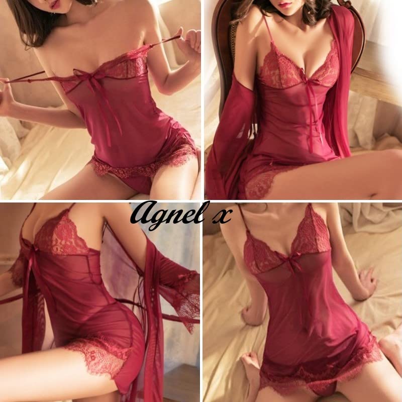 Sexy Lingerie Inner Underwear Nightwear One Piece Setup X026 Wine [Agnel x] See-Through Women's (S, Red)