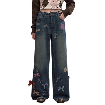Girls' Bowknot Print Frayed Wide-Leg Jeans