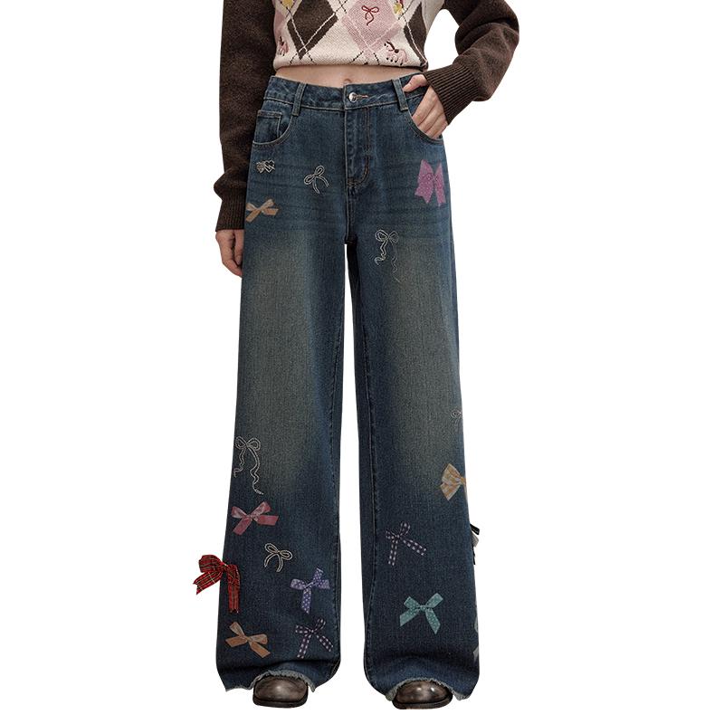 

UNIFREE Girls Bowknot Print Frayed Wide-Leg Jeans L