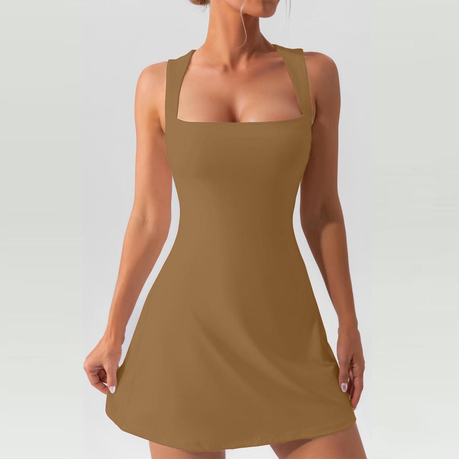 

Женское платье с лифом и квадратным вырезом без рукавов, майка, эластичные платья S верблюд