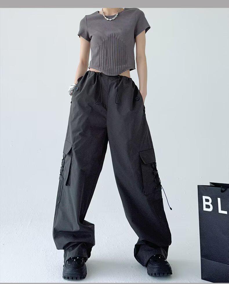 

Женские брюки карго с высокой посадкой и широкими штанинами - Летние повседневные свободного кроя Large темно-серого