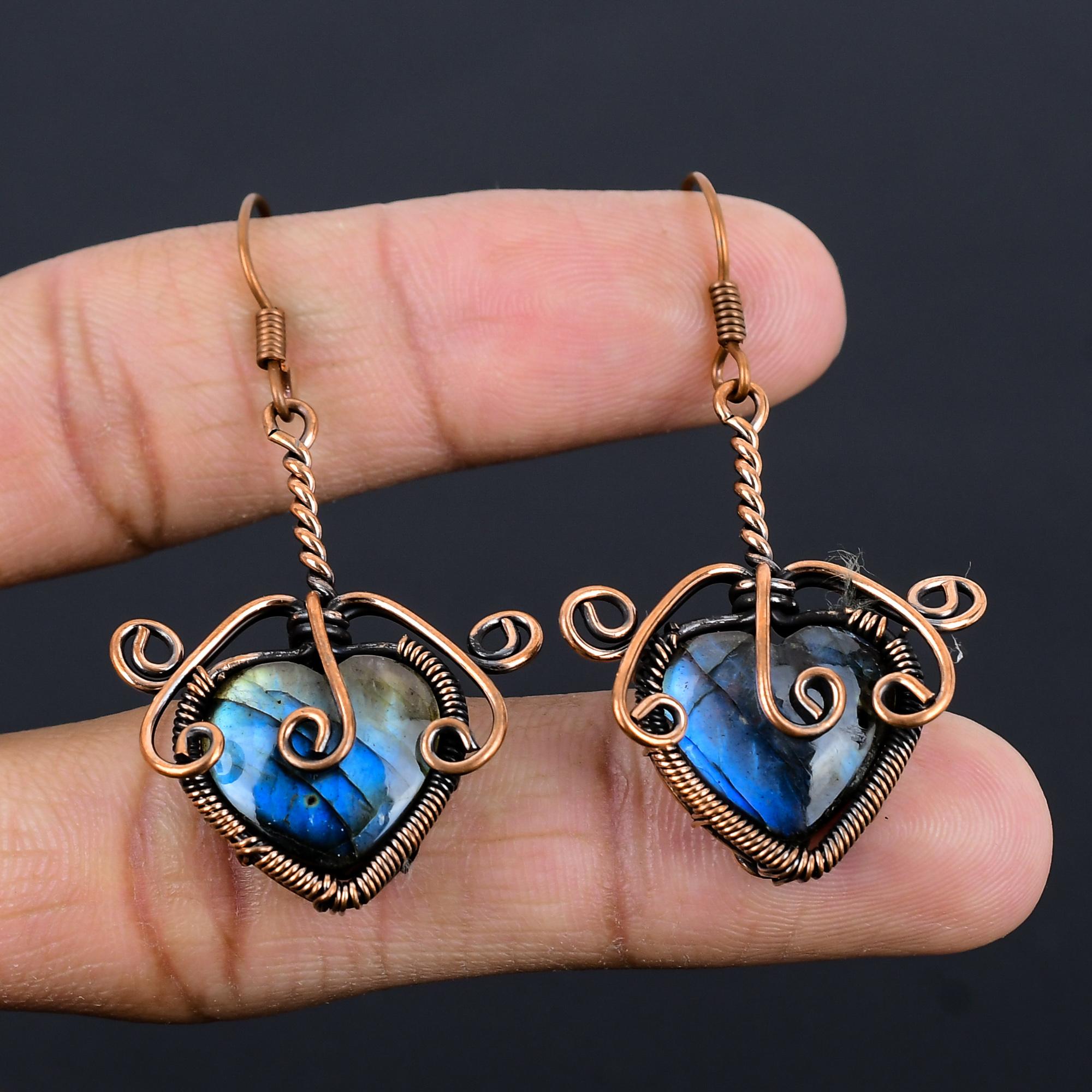 

Серьги из лабрадорита, обернутые медной проволокой 999 пробы, Ювелирные изделия с драгоценными камнями ручной работы, Подарки для жены, Совершенно новые серьги 2.55 Inches