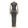 Damen Mode Einfarbige Netz-Ärmelloses Langes Kleid mit Heißbohr-Details