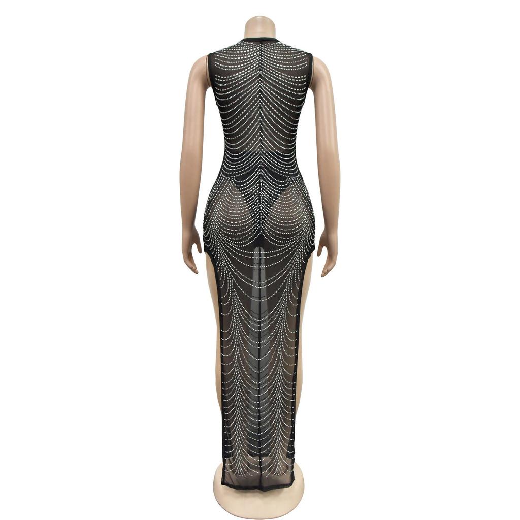 Damen Mode Einfarbige Netz-Ärmelloses Langes Kleid mit Heißbohr-Details
