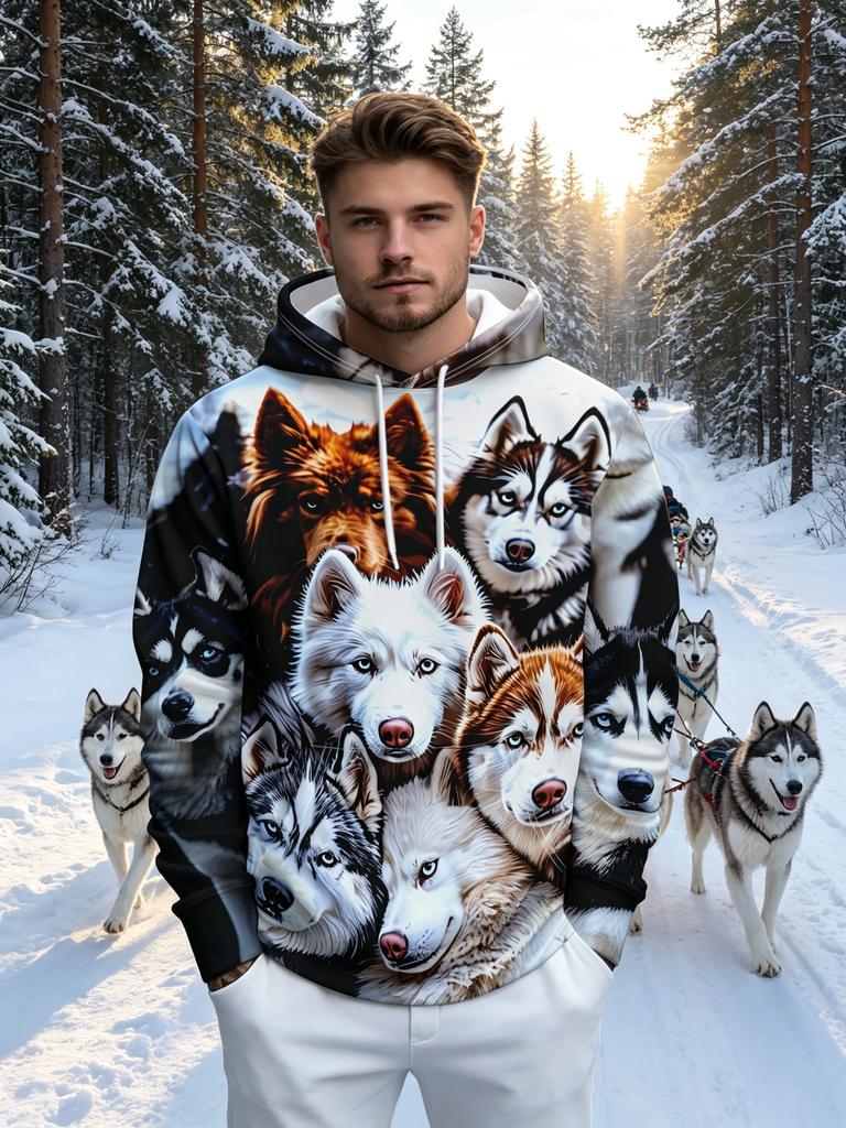 Męska bluza z kapturem o regularnym kroju z kieszenią typu kangur i regulowanymi sznurkami, idealny casualowy prezent na jesień i zimę, streetwear