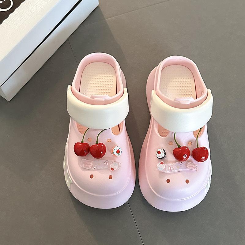 

Fashion niche design cherry girls hole shoes summer versatile casual wear non-slip bag head sandals half slippers 40-41 розовый