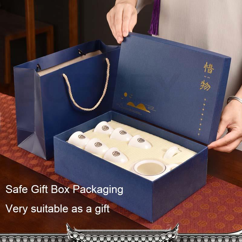 BORREY 7Pcs Ceramic Tea Set Suet Jade Kung Fu Tea Set Simple Tea Making Maker Meeting Guests White Porcelain Teapot Cup Gift Box