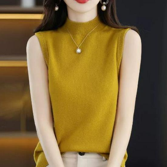 Women's Cashmere Sleeveless Pullover Sweater - Autumn 23 Collection, Solid Color, Half-High Neck, Straight Fit, Pure Wool Base Layer.