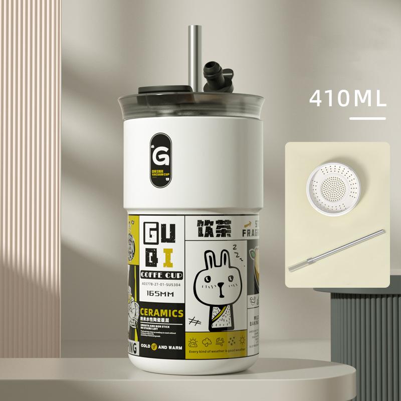 2025 New Fashion Thermal Water Bottle Ceramic Coffee Insulated Cup Portable In Car Dual Drinking Straw Cold Cup Thermal