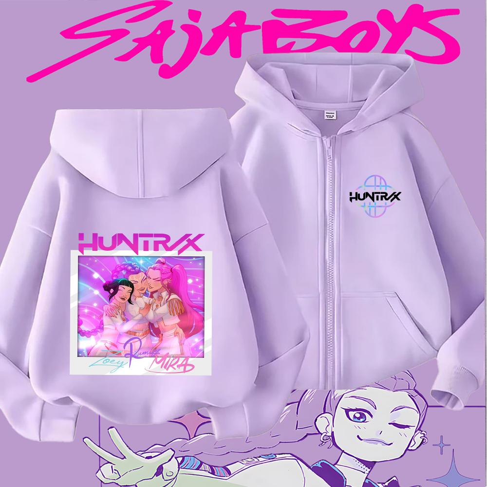 Huntrix Girls Zoey Rumi Mira Cartoon Print Kids' Zipper Hoodie Casual Long Sleeve Sweatshirt for Children