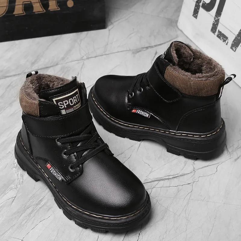 Winter Jungen Kurzstiefel Kinder Plus Samt Dicke Lederschuhe, Sport Schneestiefel