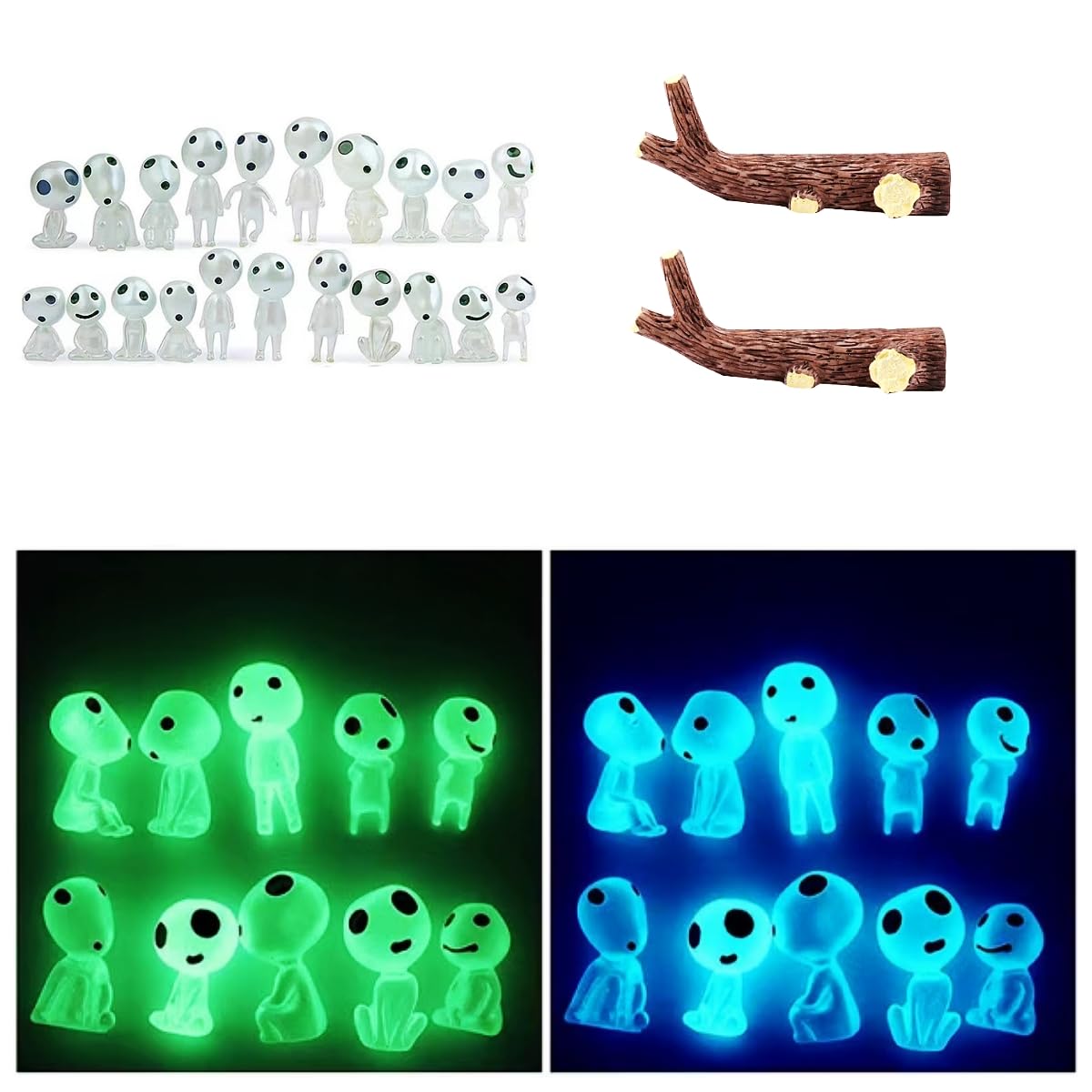 

20pcs Resin Decorative Tree Elf Figures [10pcs Blue, 10pcs Green] + 2pcs Decorative Branches Luminous Bonsai DIY Decor Dollhouse Miniature Fairy