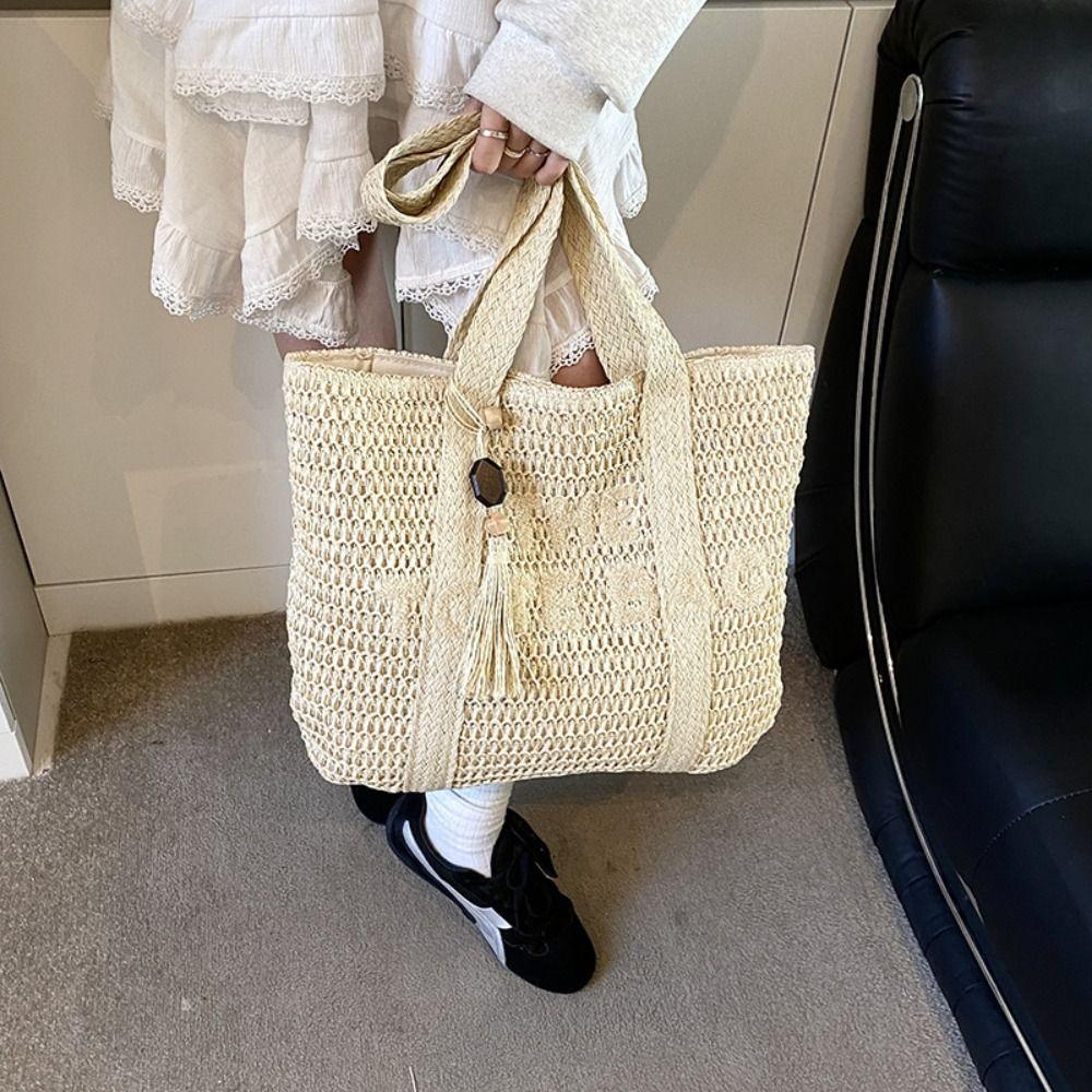 Bohemian Weave Tote Bag Hollow Out Summer Beach Bag Simple Straw Shoulder Bag  Outdoor