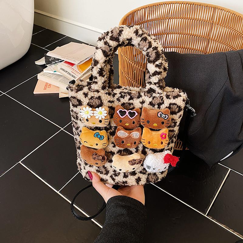Hello Kitty Plush Black Cat Handbag With Leopard Print And Magnetic Closure For Daily Use