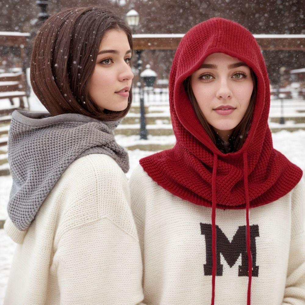 Drawstring Closure Neck Warmer Hat Thick Knit Winter Pullover Hat  For Women Man