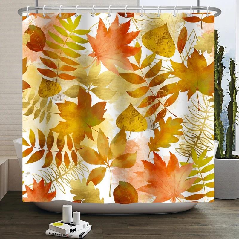 Hello Fall Shower Curtain Autumn Maple Leaves Pumpkin Bathroom Decor Polyester Fabric Cloth Shower Curtain With Hooks Room Decor