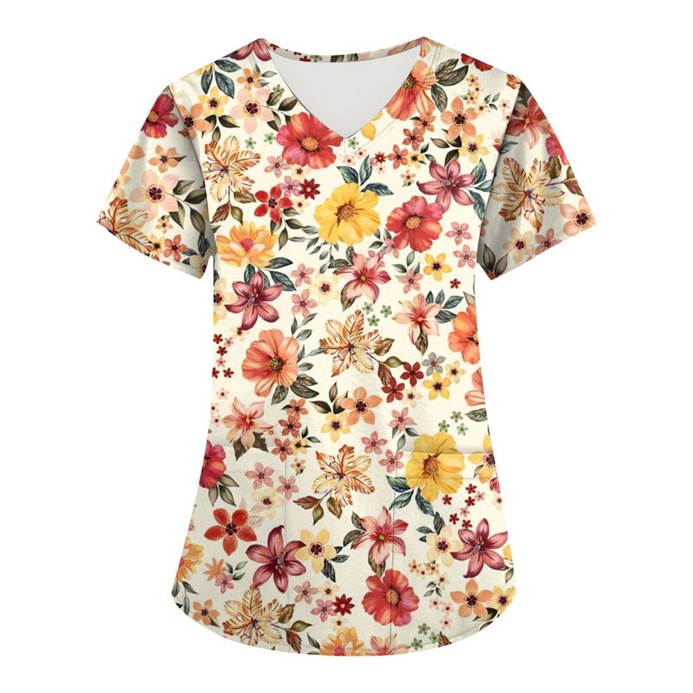 

Женская униформа медсестры с цветочным 3D-принтом, топы с V-образным вырезом и карманом, медицинская униформа, футболка с коротким рукавом для медсестер, рабочая одежда M