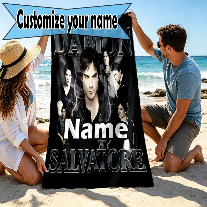 Custom Name Personalized Damon Salvatore Print Beach Towel, for Trip Camping Beach Party Home Decor, Birthday Gift for Family & Friends