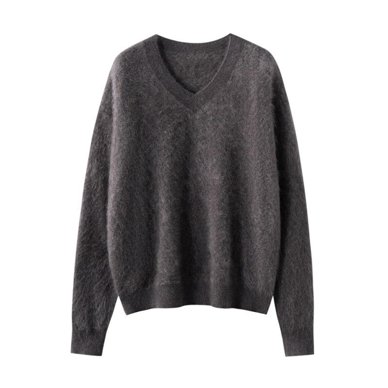 Versatile Cashmere Silk V-Neck Brushed Solid Color Loose Knit Pullover Sweater