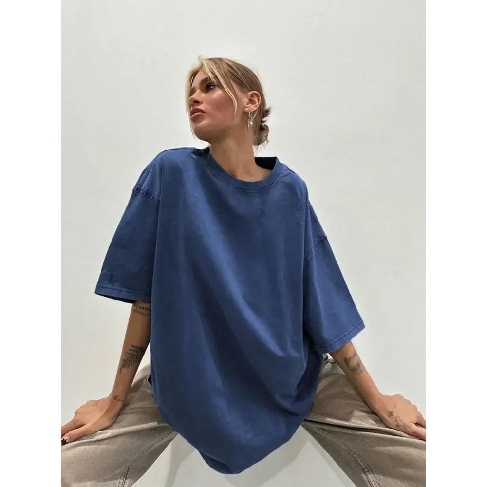 100% Baumwolle Retro T-Shirt Damen Vintage Kurzarm Wachsdruck T-Shirts Herren Einfarbig Hip Hop Lockeres T-Shirt