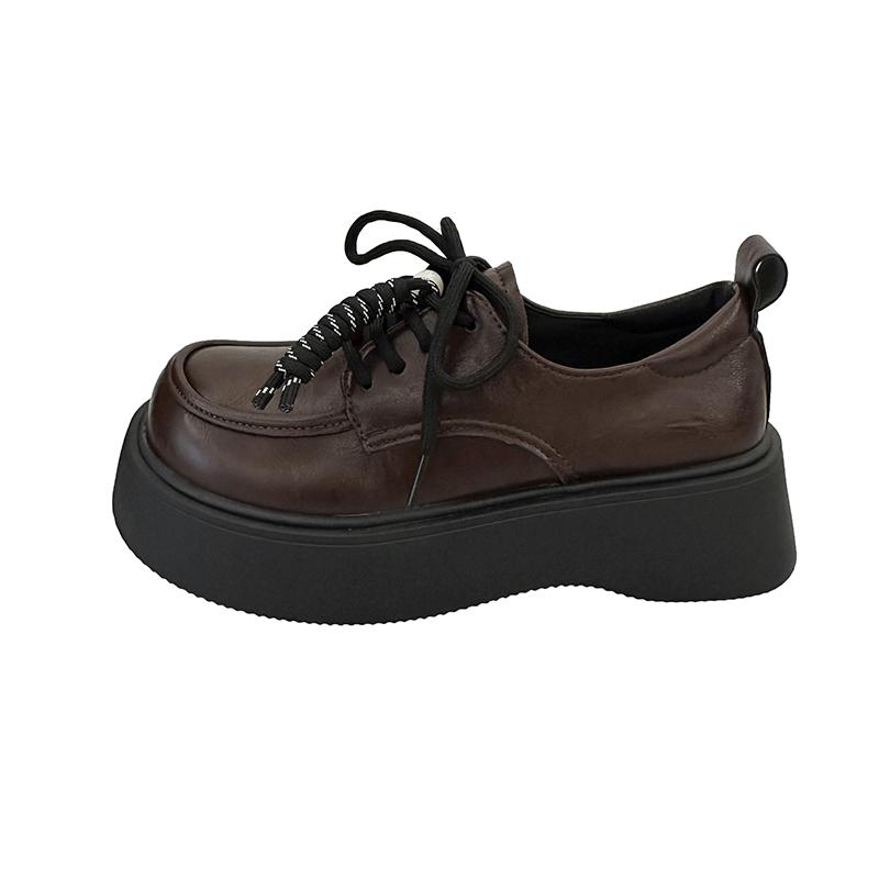 

2026 Retro Round-toe Beaded Small Leather Shoes New Style Versatile Fashion Style Thick-soled Thick-heeled Lace-up Loafers 39 темно-коричневого кольору