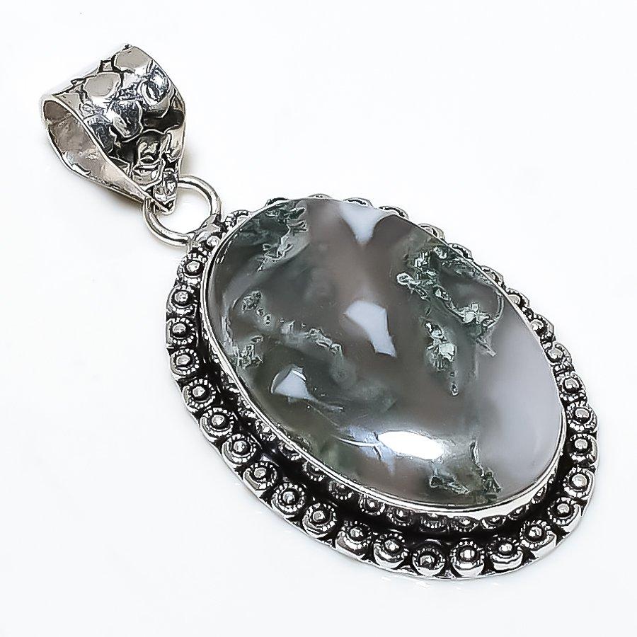 Indian Moss Agate Gemstone 925 Sterling Silver Jewelry Pendant 2.05" SU-10749