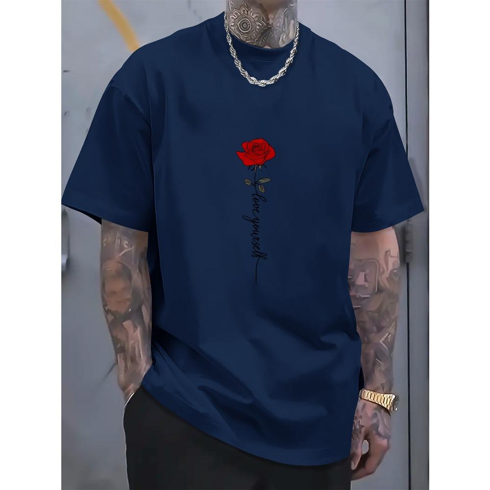 Men's summer fashionable casual sports loose red rose pattern printed round neck short sleeved T-shirt top