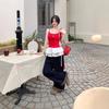 Women's Summer Slim Fit Red Knit Lace Camisole Tank Top, Ballet-Style Embroidered Design, Wearable As Outerwear.