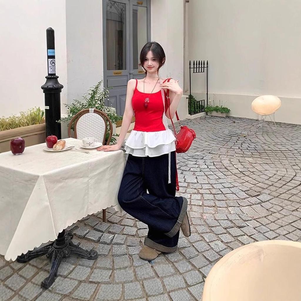 Women's Summer Slim Fit Red Knit Lace Camisole Tank Top, Ballet-Style Embroidered Design, Wearable As Outerwear.