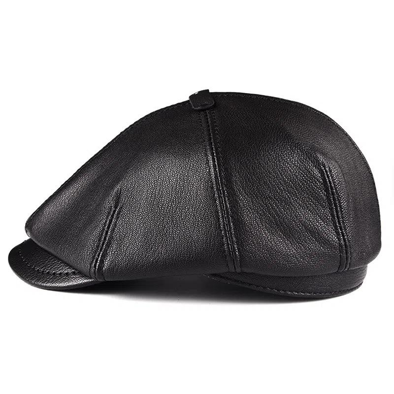 Men's Genuine Goatskin Leather Newsboy Cap - Autumn/Winter Outdoor Cold-Proof & Warm Fashion Beret