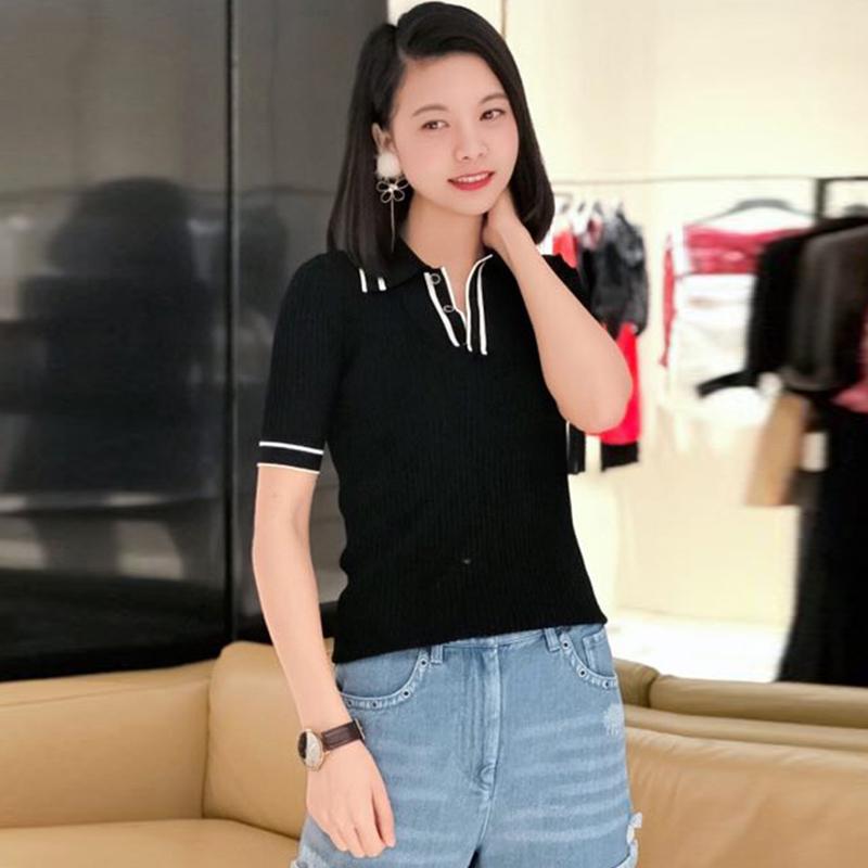 Gejia 2024 Spring/Summer Women's Polo Collar Color Block Short Sleeve Ice Silk Slim Fit T-Shirt