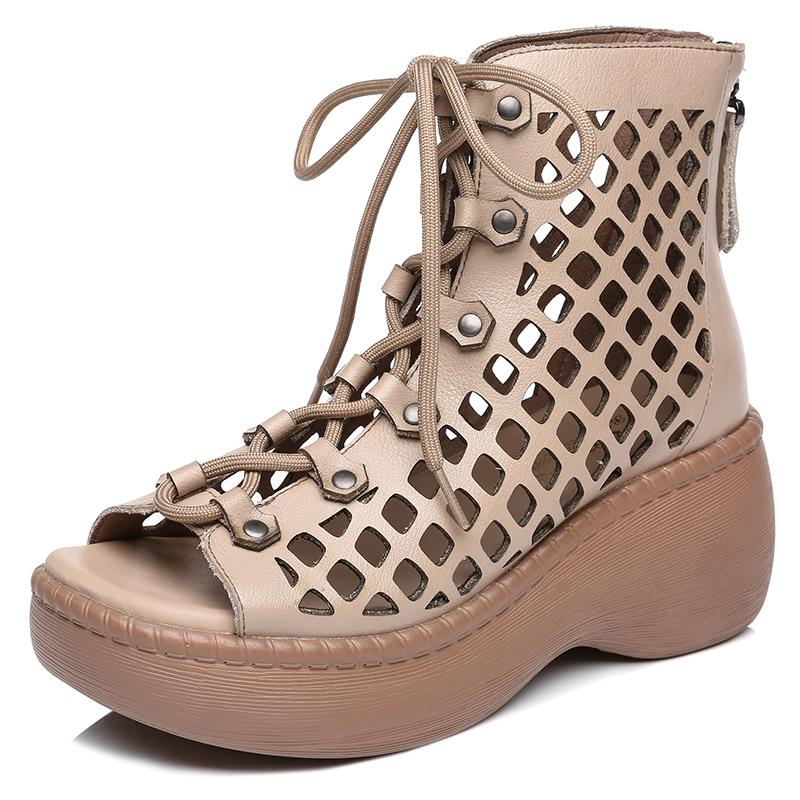 Fashion GKTINOO 2025 New Hollow Genuine Leather Sandals Women Shoes Sandals Platform Wedges Summer Shoes Woman Fashion Casual Sandals