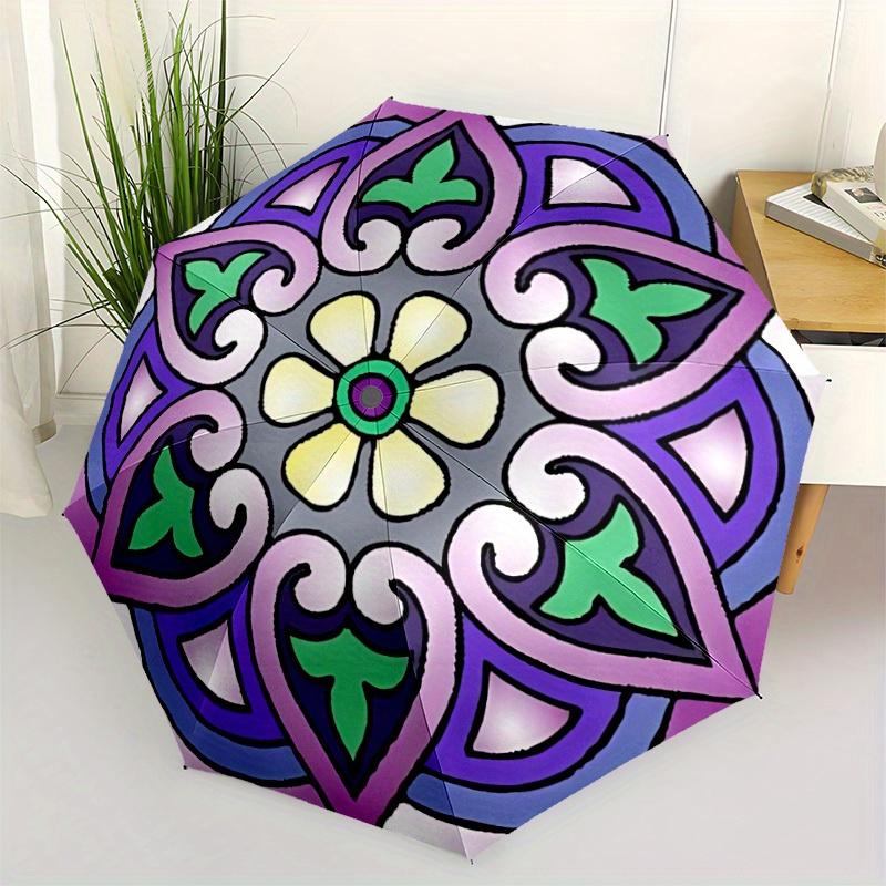 1pc Floral Mandala Design Folding Umbrella With Excellent UV Protection, 8 Ribs Casual Durable Lightweight Portable Travelling Umbrella For