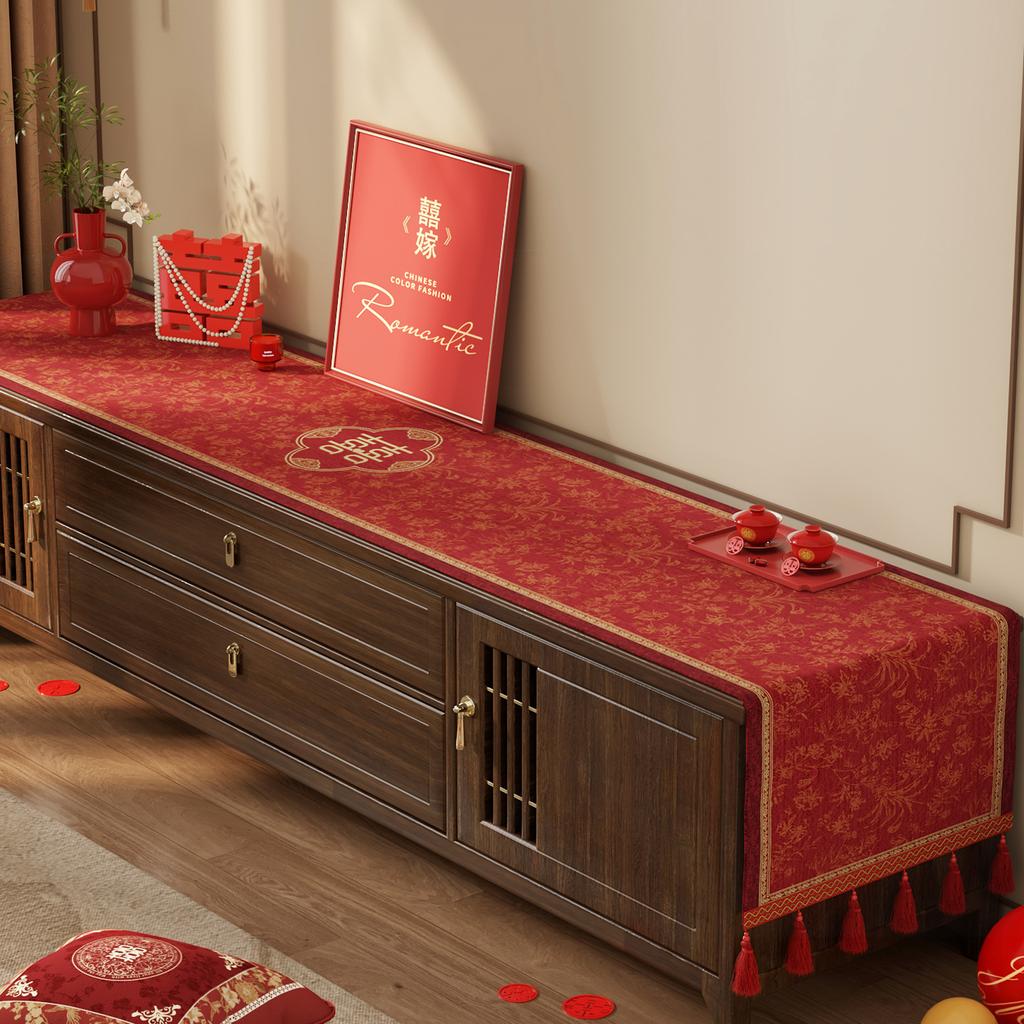 Wedding Tv Cabinet Tablecloth Light Luxury High-End Red Side Cabinet Long Strip Cover Festive Coffee Table Decorative Cloth