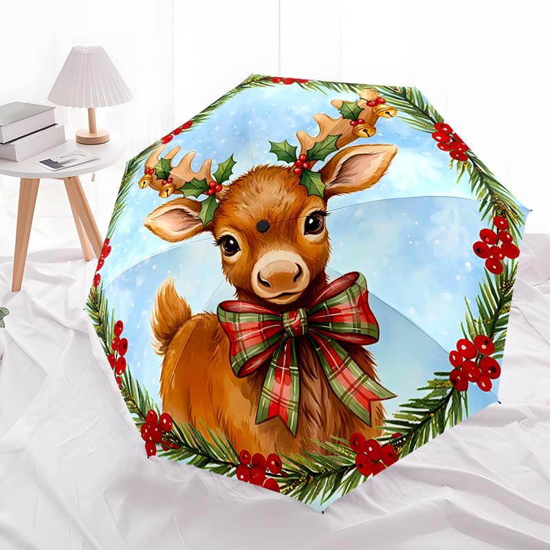 Christmas Reindeer Folding Umbrella-Fashionable Auto-Open Design 8 Iron Ribs Plastic Handle Foldable Sunshade,Perfect Gifts