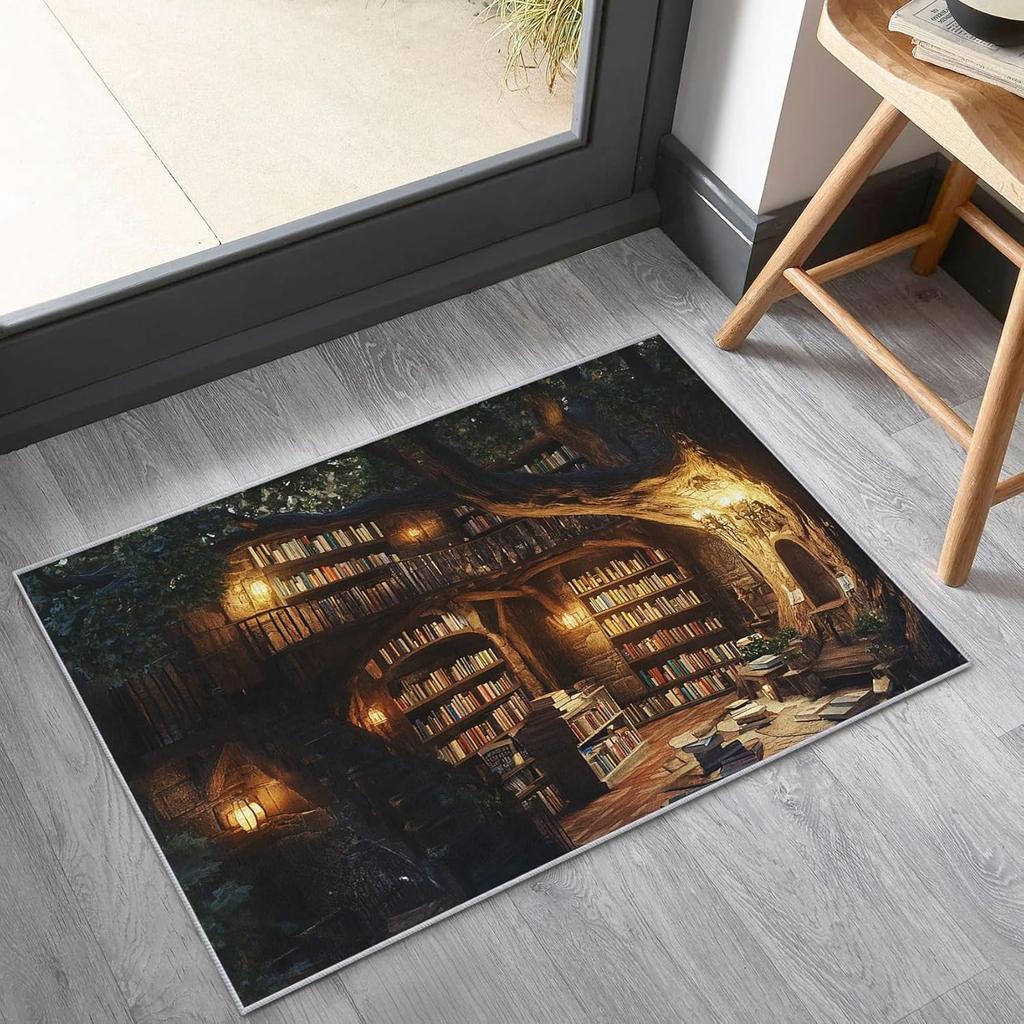 Vintage Style Tree Hollow Bookshelf Door Mat Floral Vines Literary Theme Home Decor Carpet Non-Slip Entrance Rug for Hallway