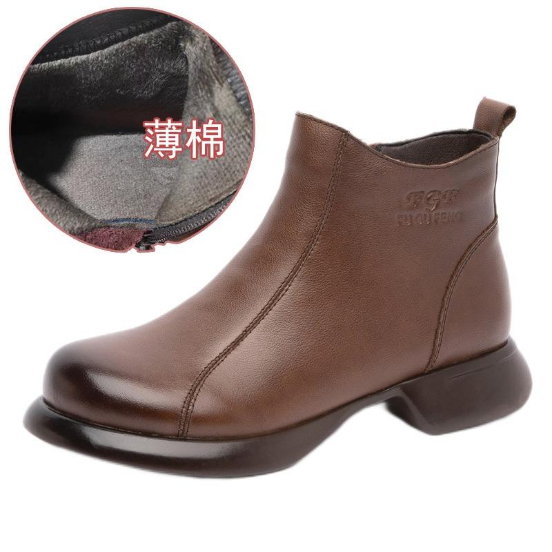 Leather thick heel soft bottom soft surface short boots children's autumn and winter retro round head large size velvet warm women's leather boots