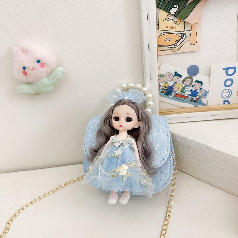 Adorable Cartoon Princess Kids Bag With Pearl Handle And Trendy Chain Strap синий