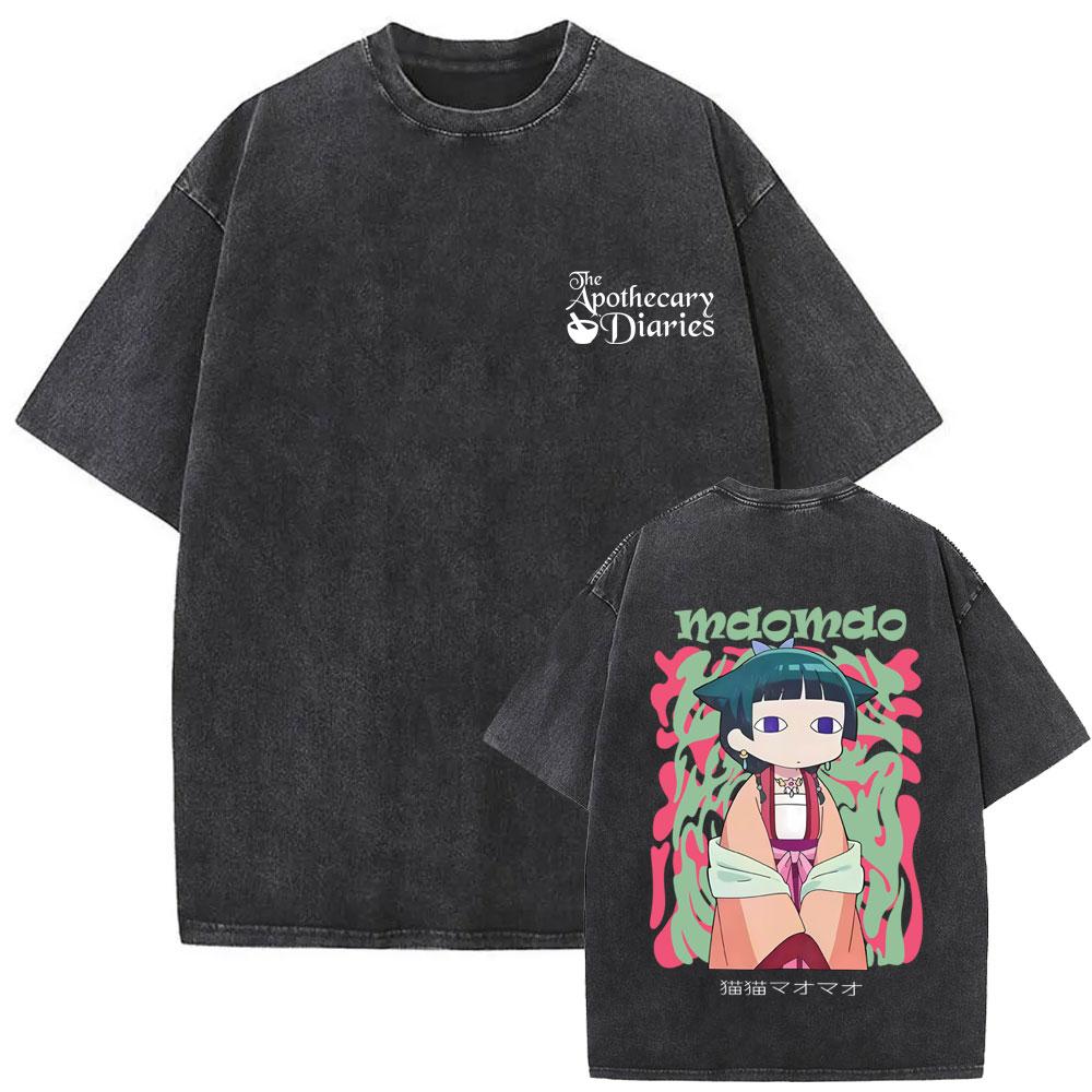 Gewaschenes Vintage Japanischer Anime The Apothecary Diaries Maomao Doppelseitiger Druck T-Shirt Herren Damen Freizeit Kawaii Lustige T-Shirts
