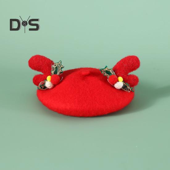 Wool Pet Beret Hat Christmas Red Cat Hat with Bow Antler Accessories Warm Winter Holiday Costume for Daily Dressing Up Photography Outdoor Travel