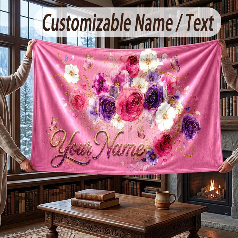 Floral Garden Theme Throw Blanket Custom Name Text Personalized Blanket Soft Cozy Blanket for Home Sofa Bed