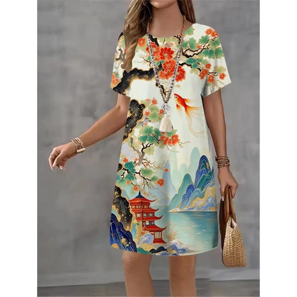 Fashion Elegant T-shirt Dress Summer Women's Casual Comfortable Soft Breathable Dress Colorful Creative Pattern Round Neck Plus Size Loose Dress
