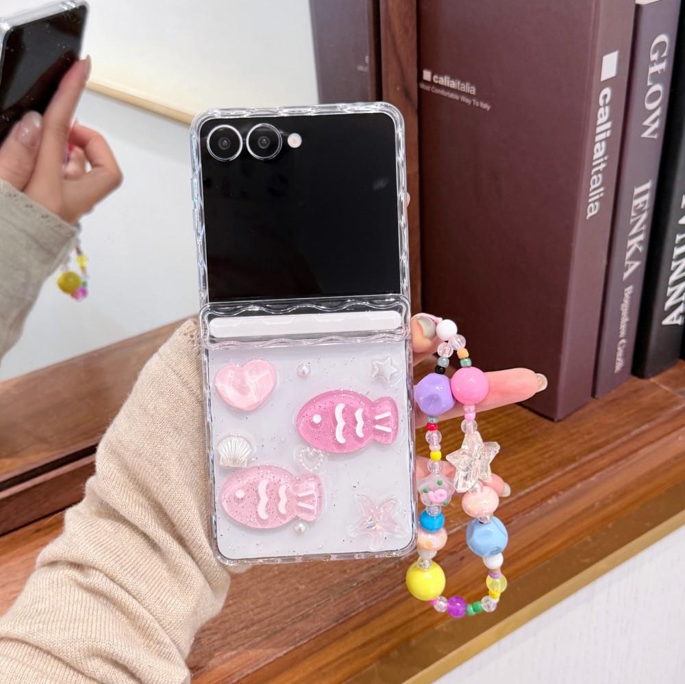 3D Cartoon For Samsung Galaxy Z Flip 5 6 7 5G Bracele Case Hinge Magnetic PC Shell Shockproof Protective Transparent Back Cover