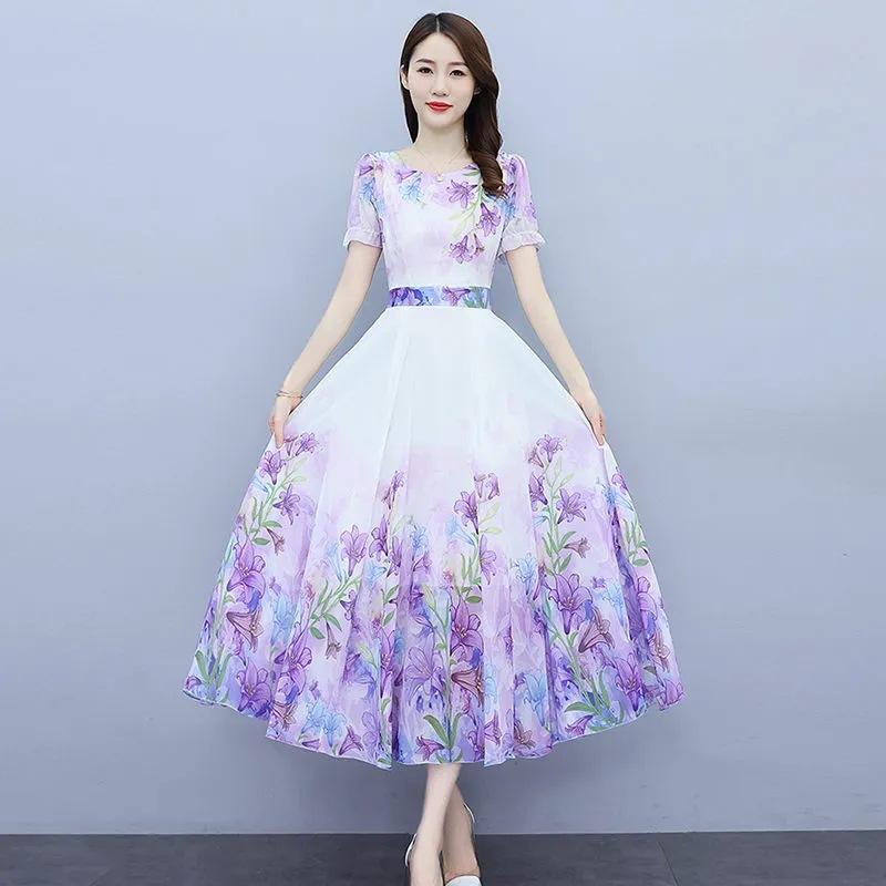 Short-sleeved Dress Women's Summer New Thin and High Temperament Round Neck Chiffon Printed Pendulum Long Skirt