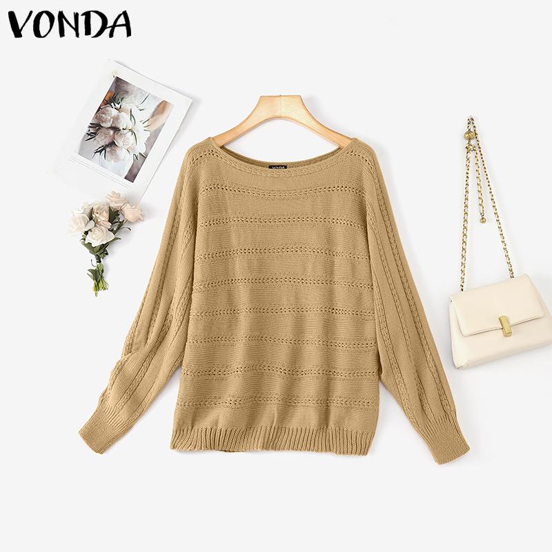 

VONDA Autumn Winter Women Scoop Neck Long Sleeve Knitted Hollow Sweater Jumper Tops S хаки