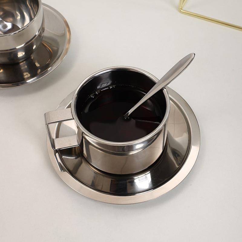 3pcs Stainless Steel Coffee Cup Set Double Walled Heat Resistant Mug With Saucer Spoon Drink Tableware Kitchen Cafe Accessories